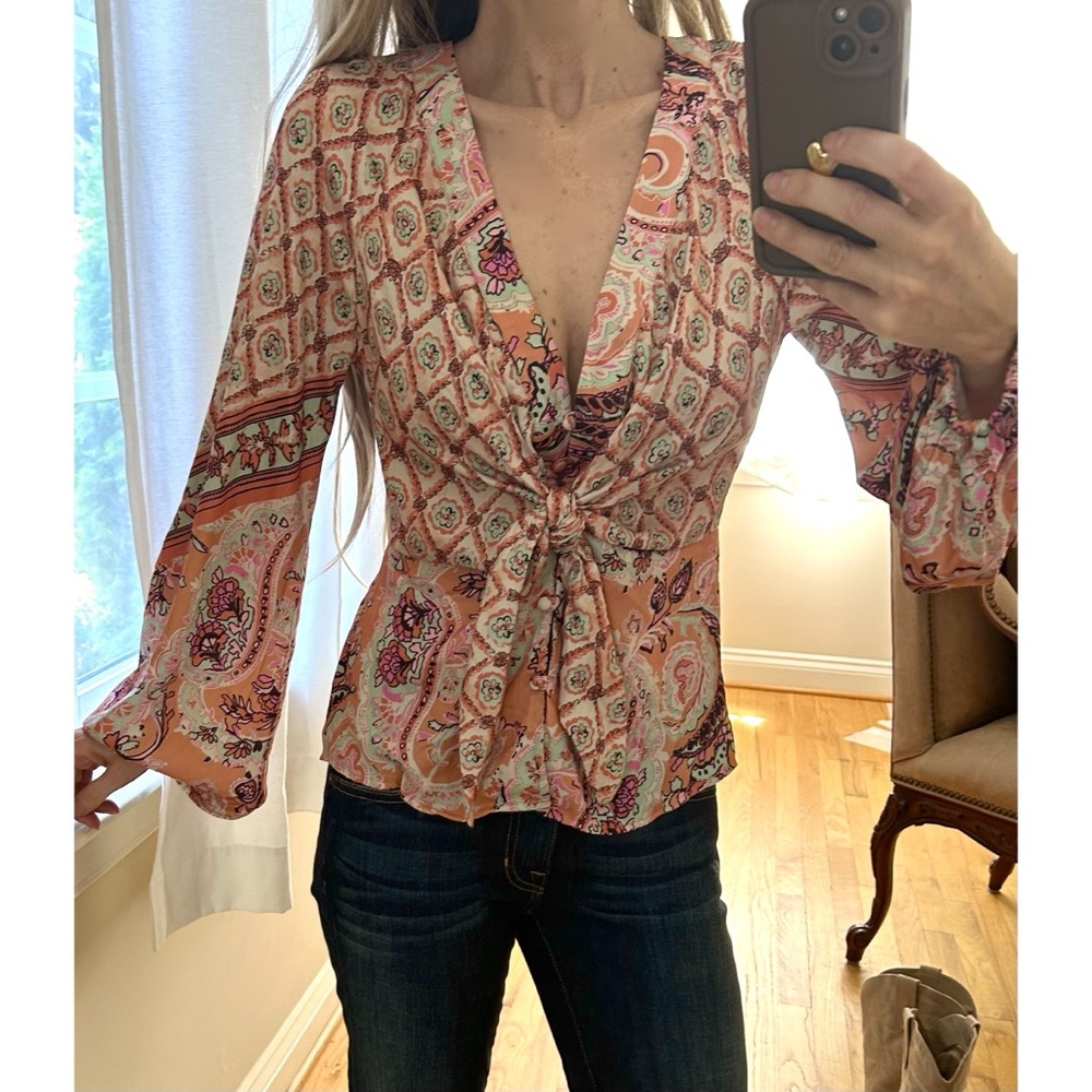 Free People Peach Paisley Button Up Tie Front Blouse NWOT Size Small